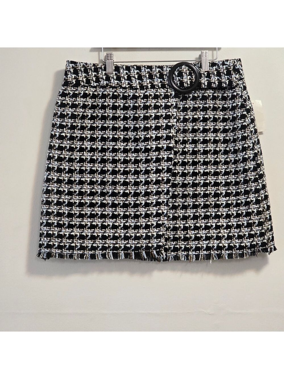 Black & White Houndstooth Tweed Mini Skirt with Decorative Belt